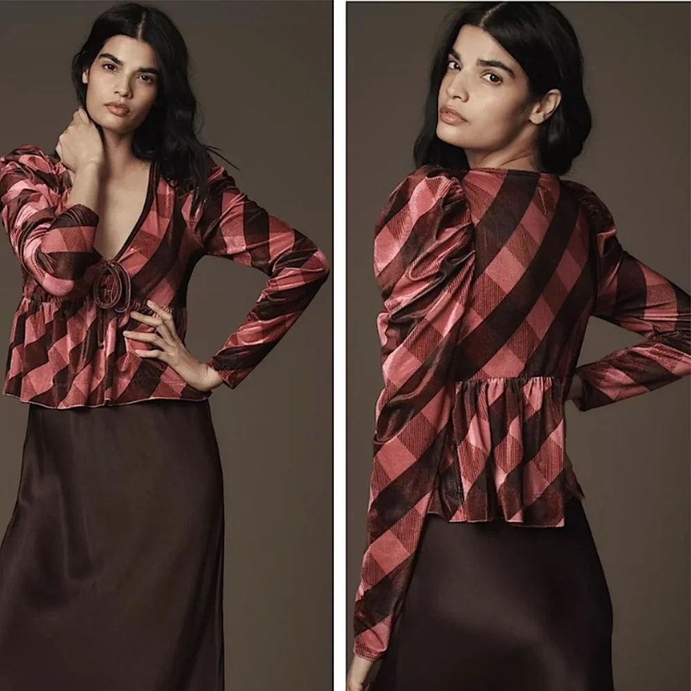 🌻5 for $30🌻 Anthro Collection by Maeve Pink and Brown Checkered Velvet Blouse - Picture 2 of 6
